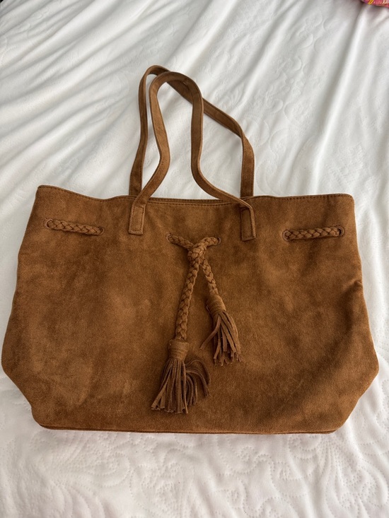 Handbags - Faux Suede Tassel Tote Bag in Brown